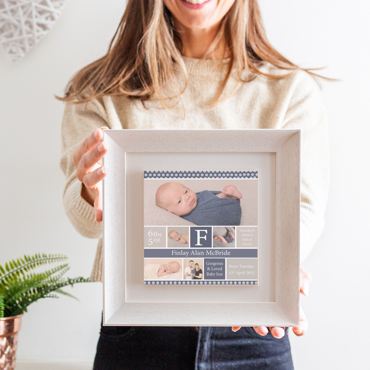 New Baby Birth Details White Soft Curve Single Supersize Ceramic Tile Photo Frame