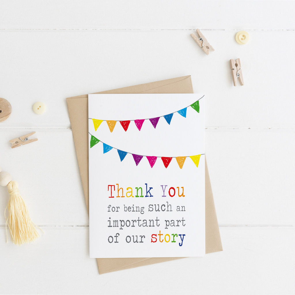 thank you rainbow bunting our story card, teacher, pre school, nursery, nhs, appreciation, typography card, colourful, with love