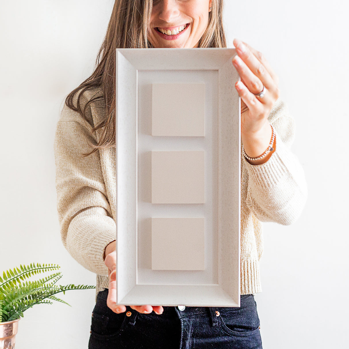 three ceramic photo tile frame | soft curve wood