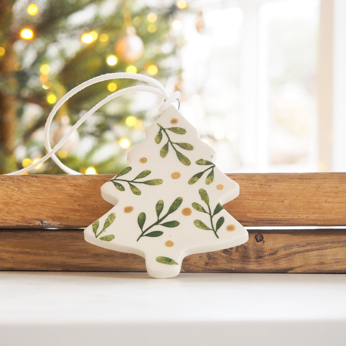 Pre-Order: Handmade Ceramic White Botanical Tree Decoration with Gold Lustre