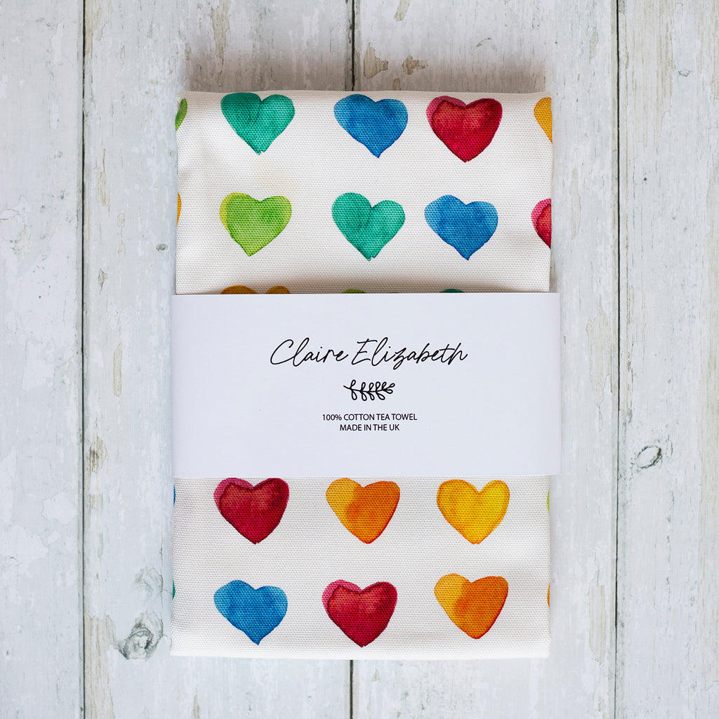 rainbow heart tea towels
