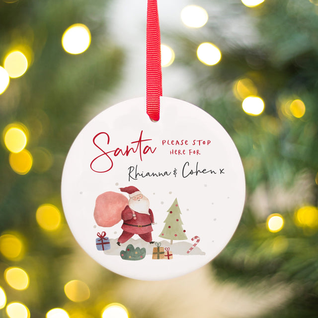 personalised santa please stop here ceramic hanging decoration