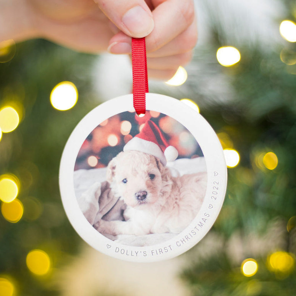 personalised dog's christmas photo ceramic hanging decoration