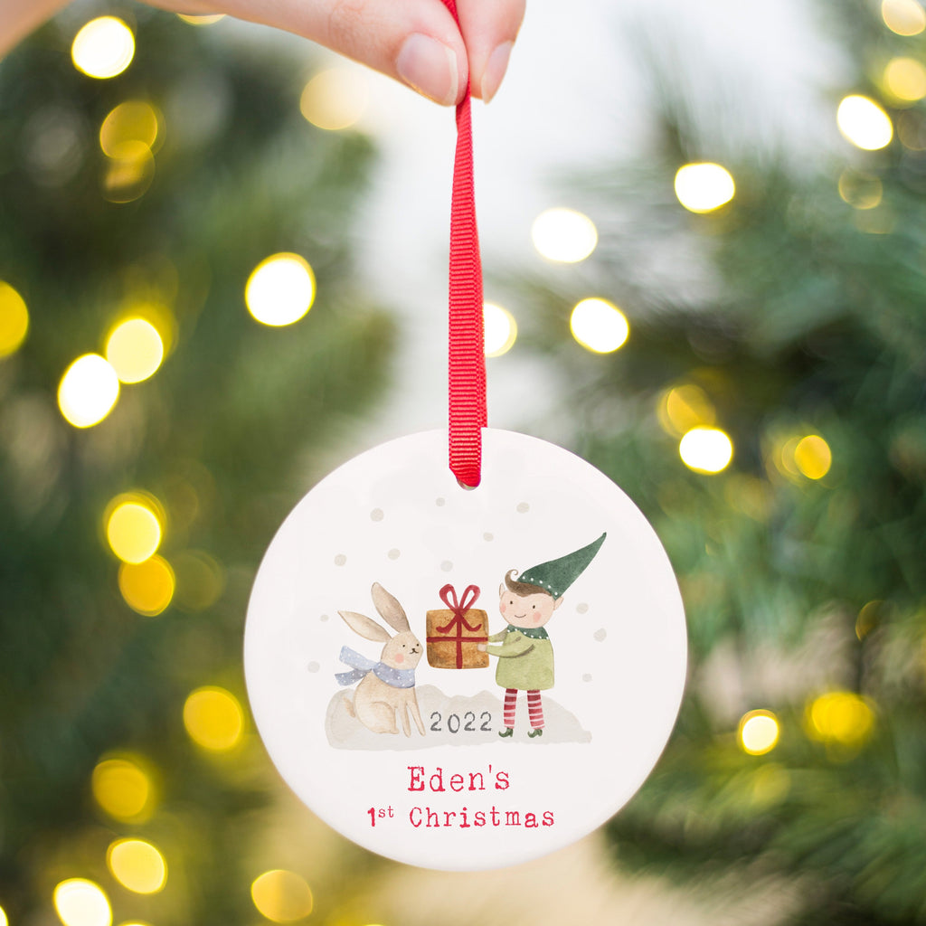 personalised bunny & elf first christmas ceramic hanging decoration