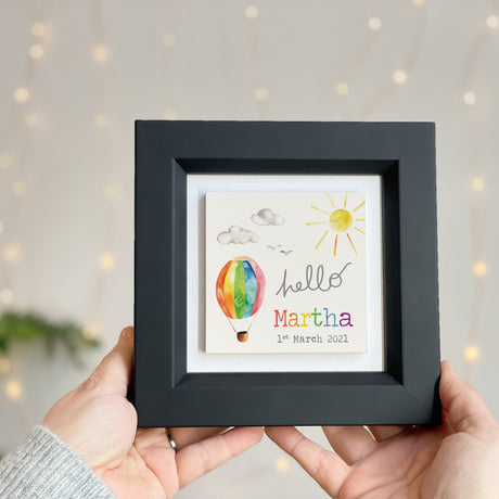 hello new baby ceramic tile frame | black linear