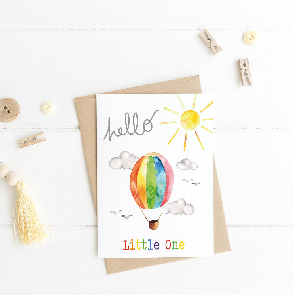 hello little one new baby card, new parents card, new baby card, baby, baby boy, baby girl, little one, unisex card, hot air balloon card