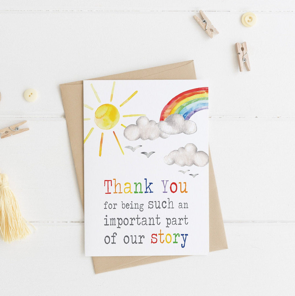 thank you rainbow our story card, teacher, pre school, nursery, nhs, appreciation, typography card, colourful, with love, thank you card
